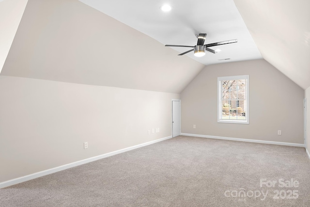 126 Emerald Dr, Mooresville, NC 28117 - additional living space featuring carpet floors, ceiling fan, baseboards, and lofted ceiling