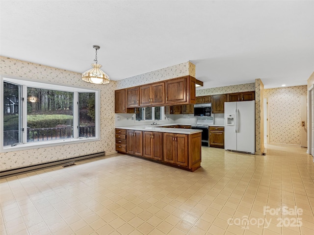 kitchen with kitchen peninsula, decorative light fixtures, range with electric stovetop, baseboard heating, and white refrigerator with ice dispenser