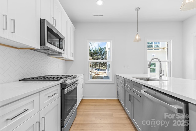 kitchen featuring appliances with stainless steel finishes, tasteful backsplash, pendant lighting, sink, and white cabinetry