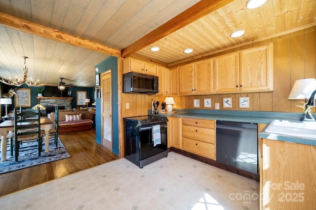 kitchen featuring stainless steel dishwasher, electric range, wood ceiling, a sink, and light brown cabinets