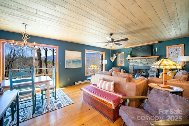 living room featuring ceiling fan with notable chandelier, a fireplace, wood ceiling, wood finished floors, and a baseboard radiator