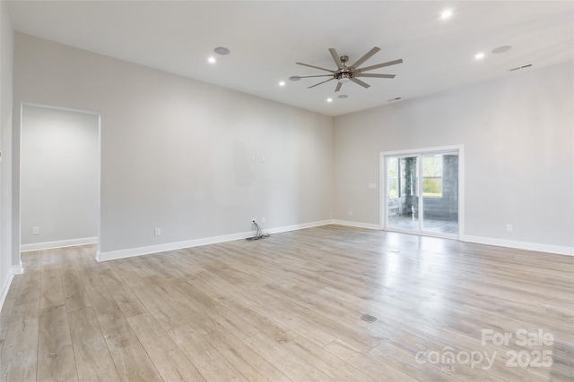 empty room featuring ceiling fan, recessed lighting, baseboards, and light wood-style floors