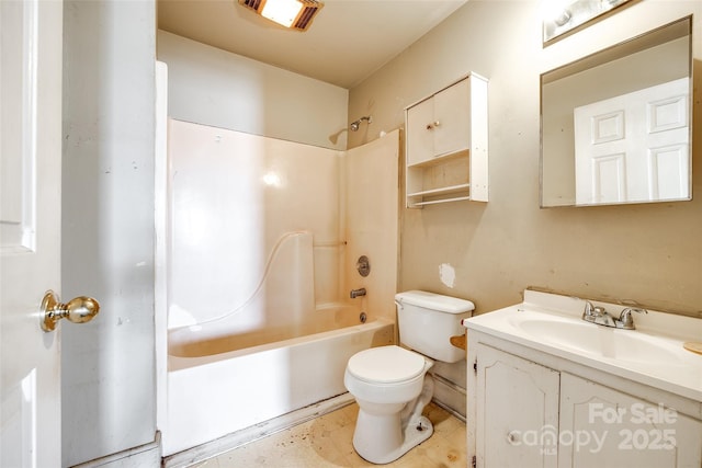 full bathroom featuring vanity, bathing tub / shower combination, and toilet