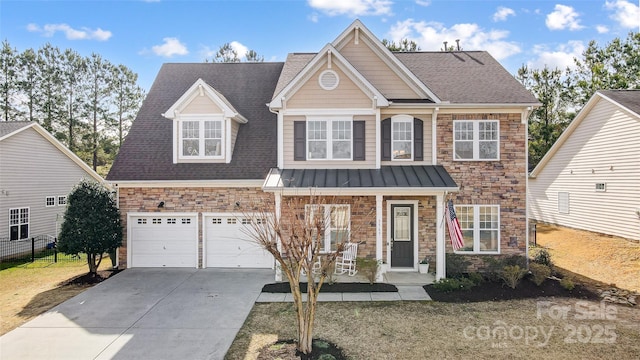 craftsman house with concrete driveway, a porch, roof with shingles, and stone siding