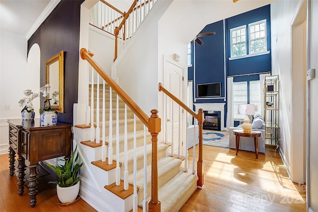 stairway featuring arched walkways, a high ceiling, ornamental molding, hardwood / wood-style floors, and a glass covered fireplace