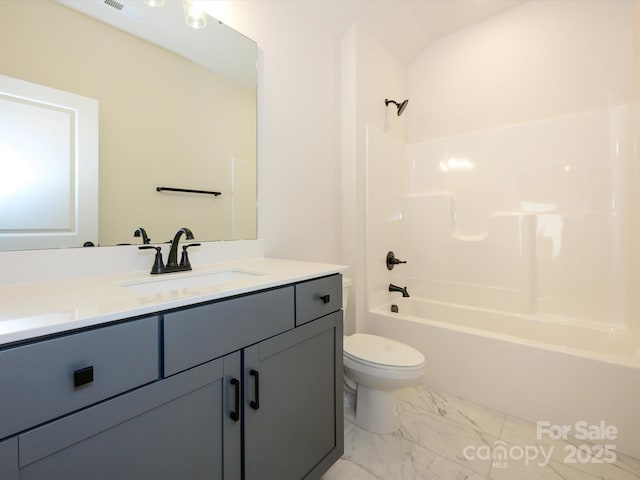 full bathroom featuring vanity, toilet, visible vents, marble finish floor, and tub / shower combination