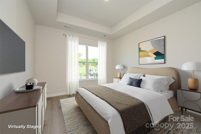 17025 Malone Ln, Mint Hill, NC 28227 - bedroom with light wood finished floors, a tray ceiling, and baseboards