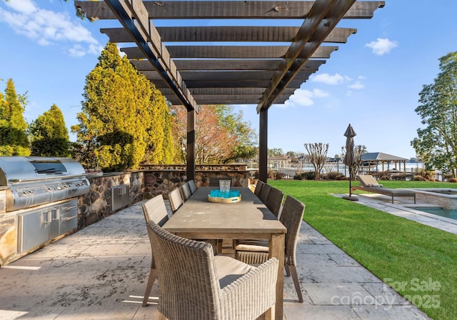 view of patio with exterior kitchen, outdoor dining area, area for grilling, and a pergola