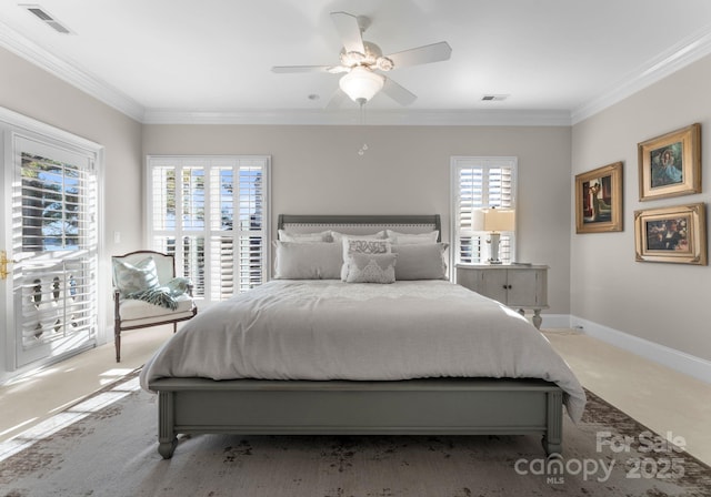 bedroom featuring access to exterior, visible vents, and multiple windows