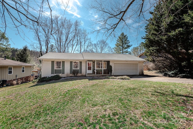 ranch-style home with a front lawn and a garage