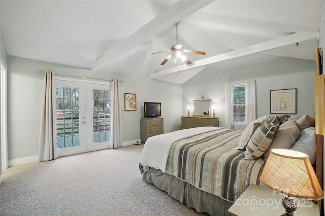 bedroom with french doors, carpet flooring, baseboards, access to exterior, and vaulted ceiling with beams