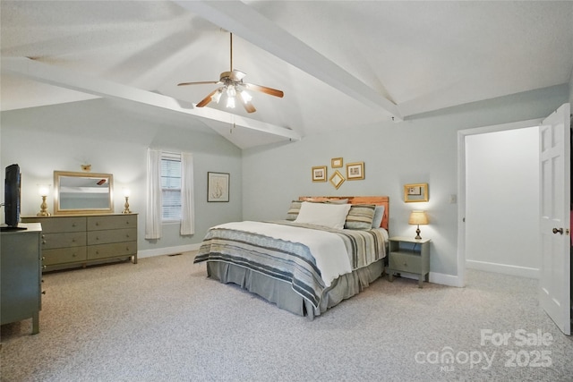 carpeted bedroom featuring lofted ceiling with beams, baseboards, and a ceiling fan