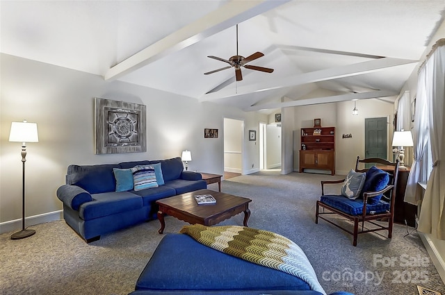 living room featuring lofted ceiling with beams, carpet flooring, baseboards, and ceiling fan