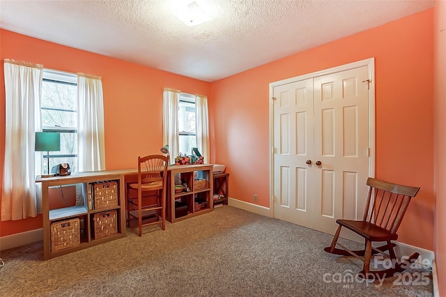 office featuring baseboards, carpet floors, and a textured ceiling