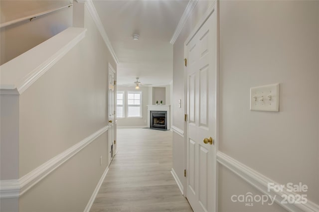 hallway with crown molding and light wood finished floors