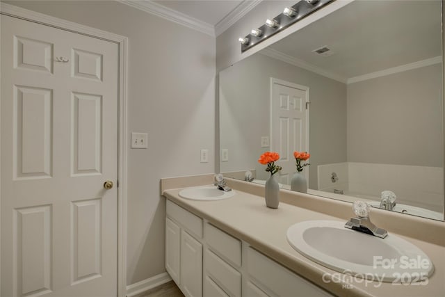 full bath with ornamental molding, visible vents, a sink, and double vanity