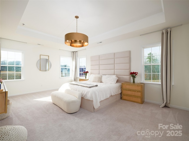 bedroom with light colored carpet, a raised ceiling, multiple windows, and baseboards