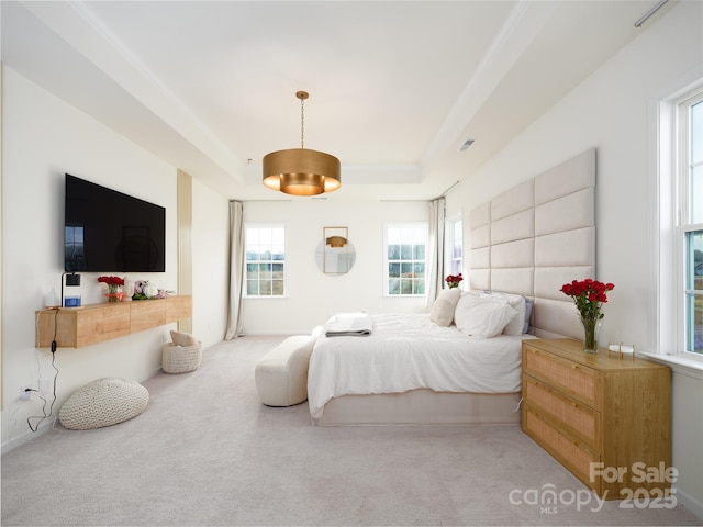 bedroom featuring carpet floors, visible vents, and a raised ceiling