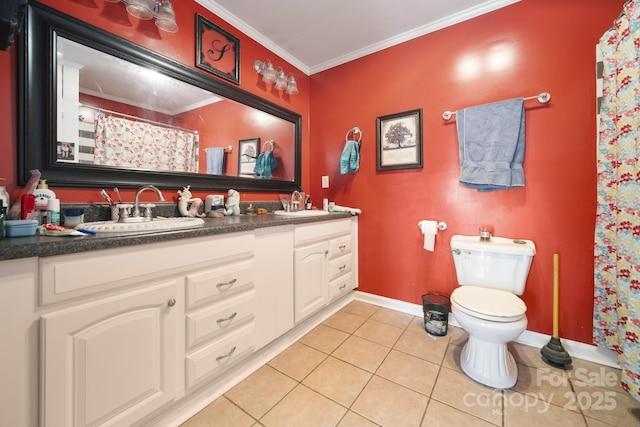 bathroom with toilet, curtained shower, tile patterned floors, ornamental molding, and vanity