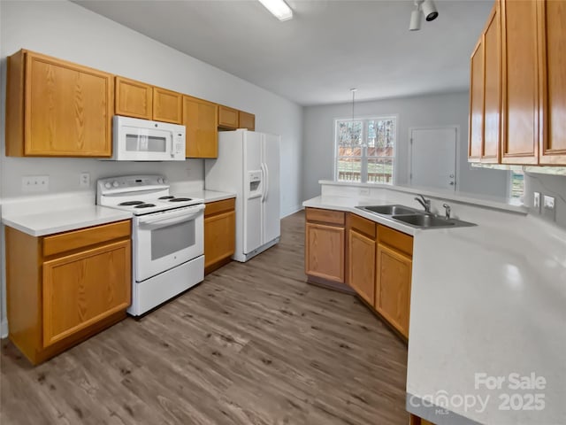 kitchen with white appliances, a sink, light wood-style floors, light countertops, and decorative light fixtures