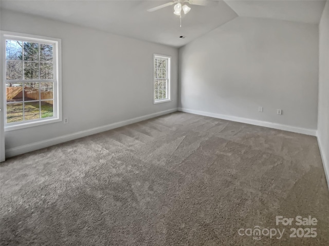 empty room featuring carpet floors, lofted ceiling, a healthy amount of sunlight, and baseboards