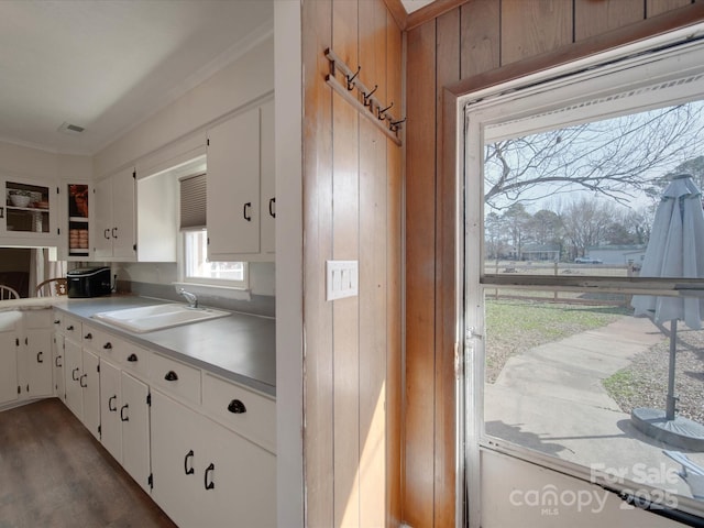 kitchen with sink, ornamental molding, white cabinetry, dark hardwood / wood-style flooring, and wooden walls