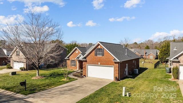 traditional-style home with central AC, brick siding, a shingled roof, driveway, and a front yard