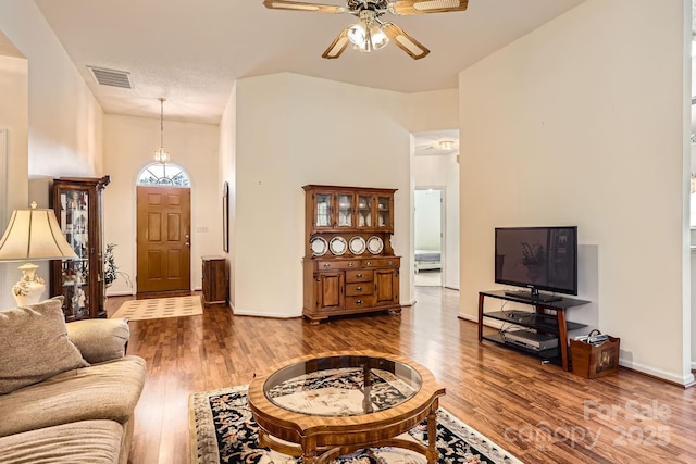 127 Lakewood Circle Dr, Mooresville, NC 28117 - living area featuring baseboards, visible vents, ceiling fan, and wood finished floors