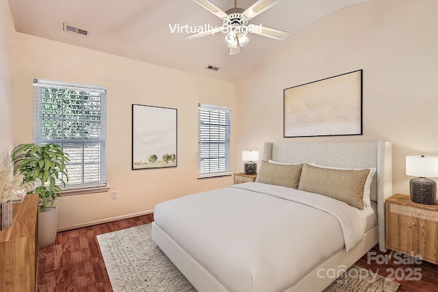 127 Lakewood Circle Dr, Mooresville, NC 28117 - bedroom featuring lofted ceiling, ceiling fan, wood finished floors, and visible vents