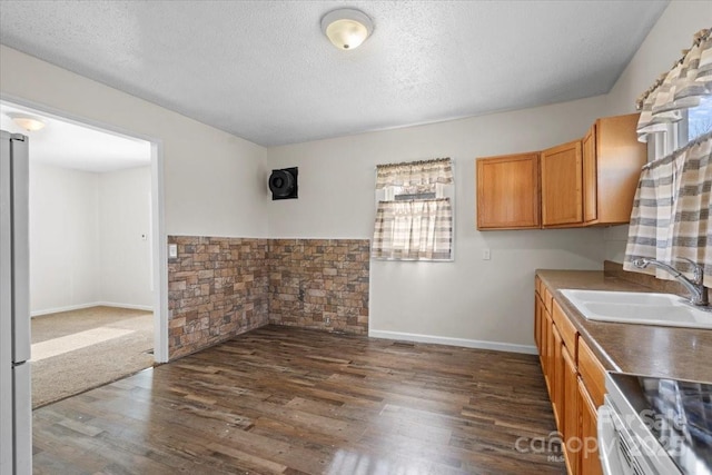 interior space featuring sink, electric range, a textured ceiling, and dark wood-type flooring