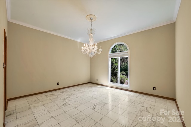 empty room with ornamental molding and an inviting chandelier