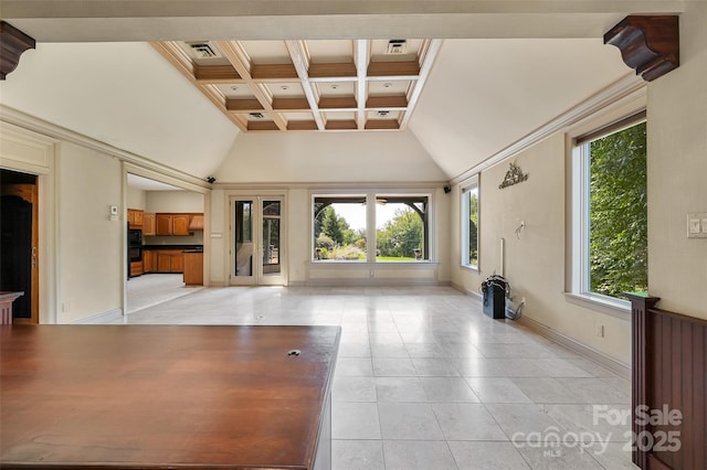 unfurnished living room featuring coffered ceiling, high vaulted ceiling, light tile patterned floors, and beam ceiling