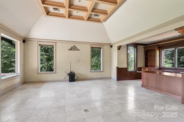 interior space with coffered ceiling, ornamental molding, high vaulted ceiling, and beam ceiling