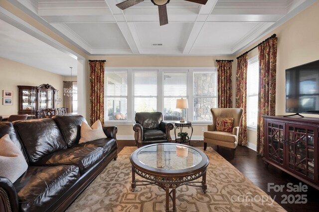 living room featuring coffered ceiling, ceiling fan, baseboards, and wood finished floors