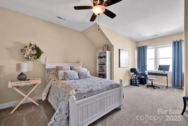 bedroom featuring carpet floors, visible vents, ceiling fan, and baseboards