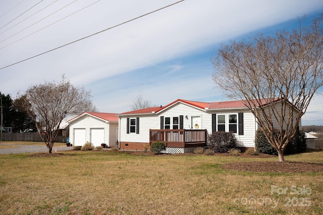 manufactured / mobile home with crawl space, a wooden deck, a garage, and a front yard