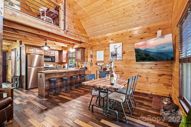 dining space featuring high vaulted ceiling, dark wood-style flooring, and wooden walls