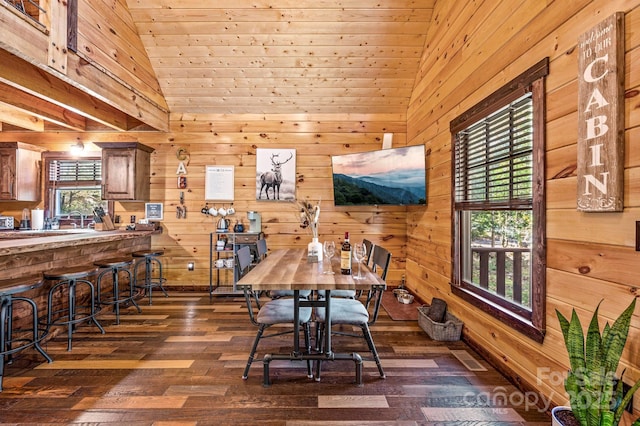 dining room with dark wood-style floors and wood walls