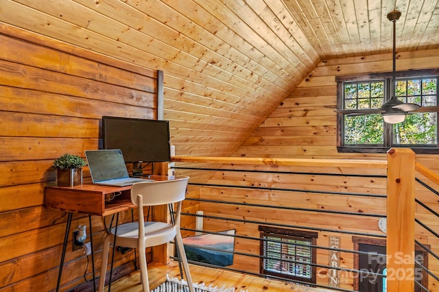 office space with lofted ceiling, wood ceiling, wooden walls, and wood finished floors