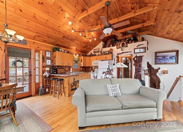 living area featuring wooden ceiling, lofted ceiling with beams, ceiling fan with notable chandelier, and light wood finished floors