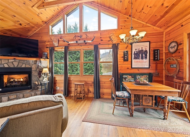 dining room featuring wooden walls, an inviting chandelier, a stone fireplace, wood-type flooring, and wooden ceiling