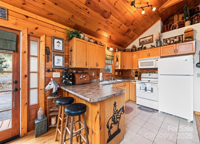 kitchen with wooden ceiling, a peninsula, plenty of natural light, white appliances, and a sink