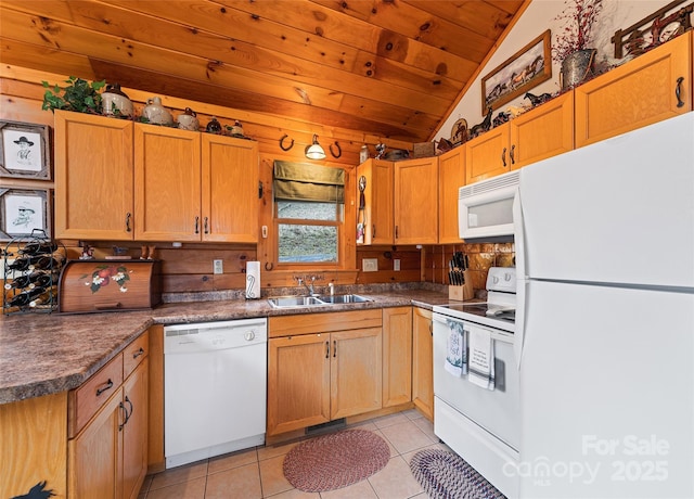 kitchen with white appliances, light tile patterned floors, lofted ceiling, a sink, and wooden ceiling