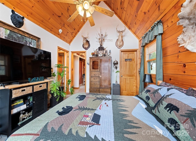 bedroom with high vaulted ceiling and wood ceiling