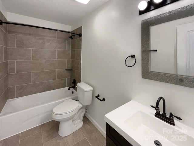 full bathroom with toilet, vanity, baseboards,  shower combination, and tile patterned floors