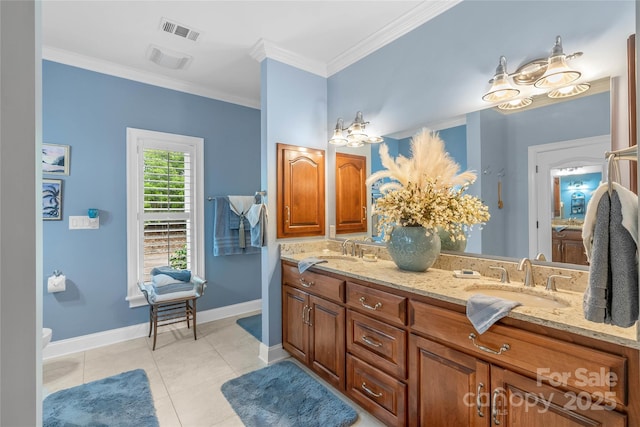 full bath featuring tile patterned floors, visible vents, a sink, and ornamental molding