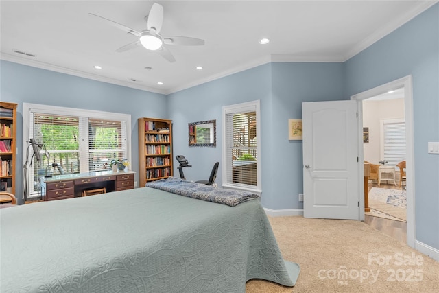 carpeted bedroom with crown molding, recessed lighting, visible vents, ceiling fan, and baseboards