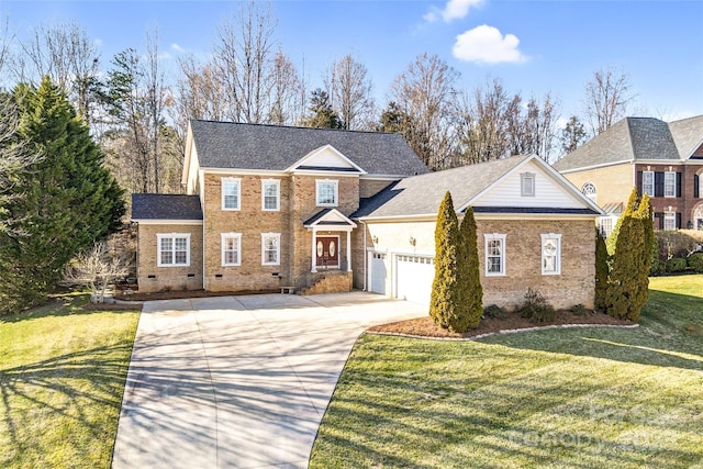 view of front of house with a garage, brick siding, concrete driveway, crawl space, and a front lawn