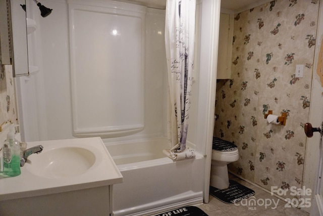 full bathroom featuring toilet, shower / tub combo, tile patterned flooring, and vanity