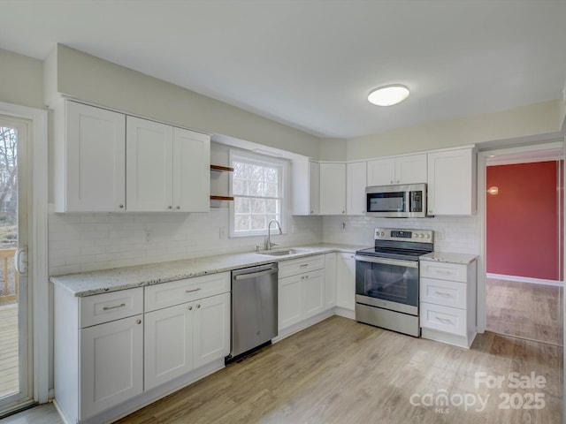 kitchen with stainless steel appliances, light wood finished floors, a sink, and white cabinetry